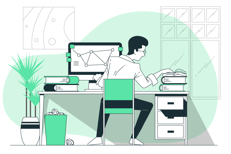 Illustration of man doing research with a computer and books