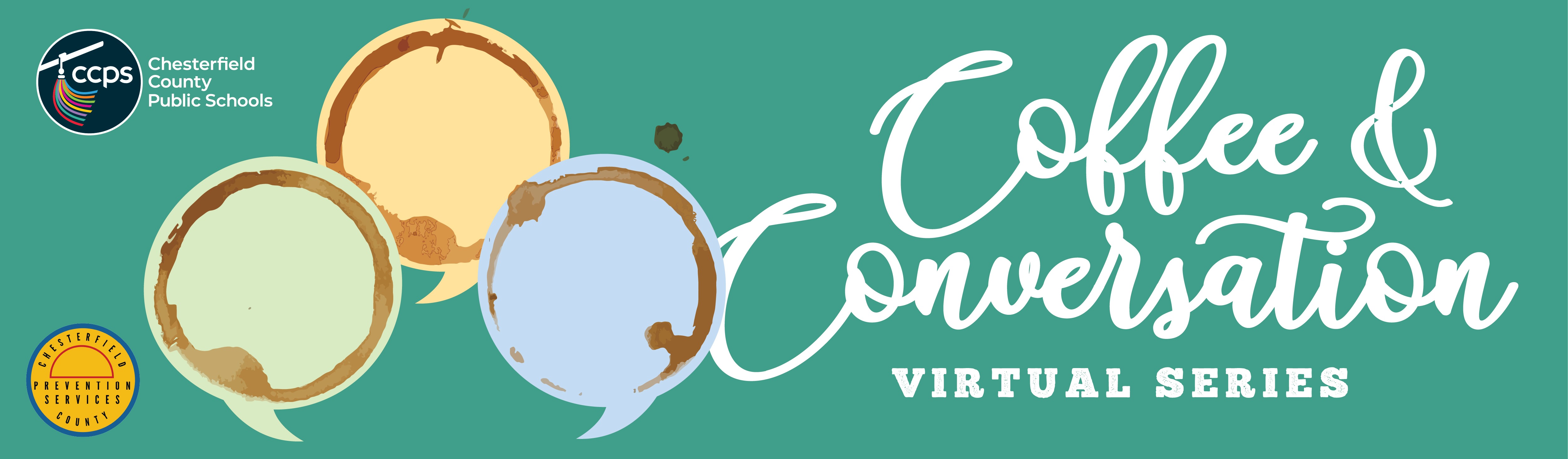 Coffee & Conversation logo with three coffee cup stains