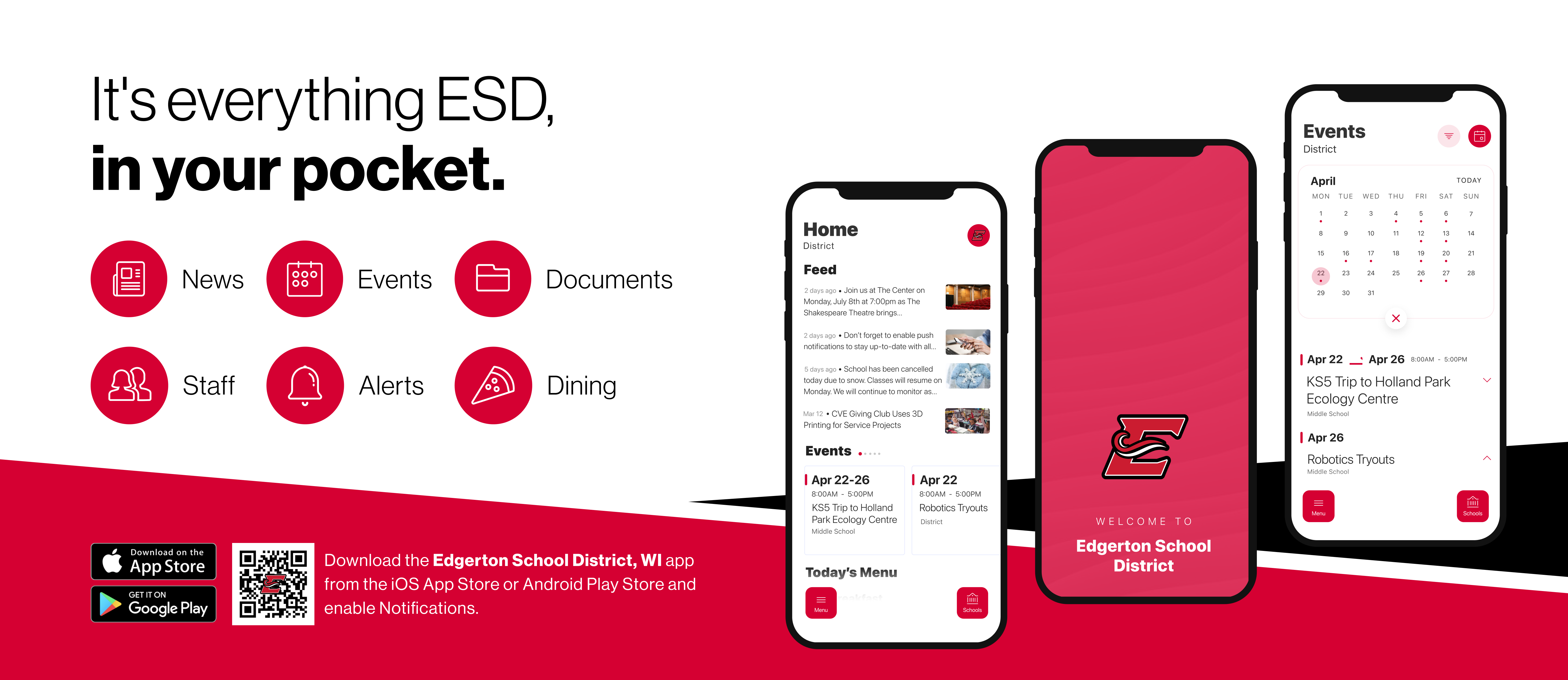 information about the new Edgerton School District app with a QR download code in the lower left and the caption "It's everything ESD, in your pocket."