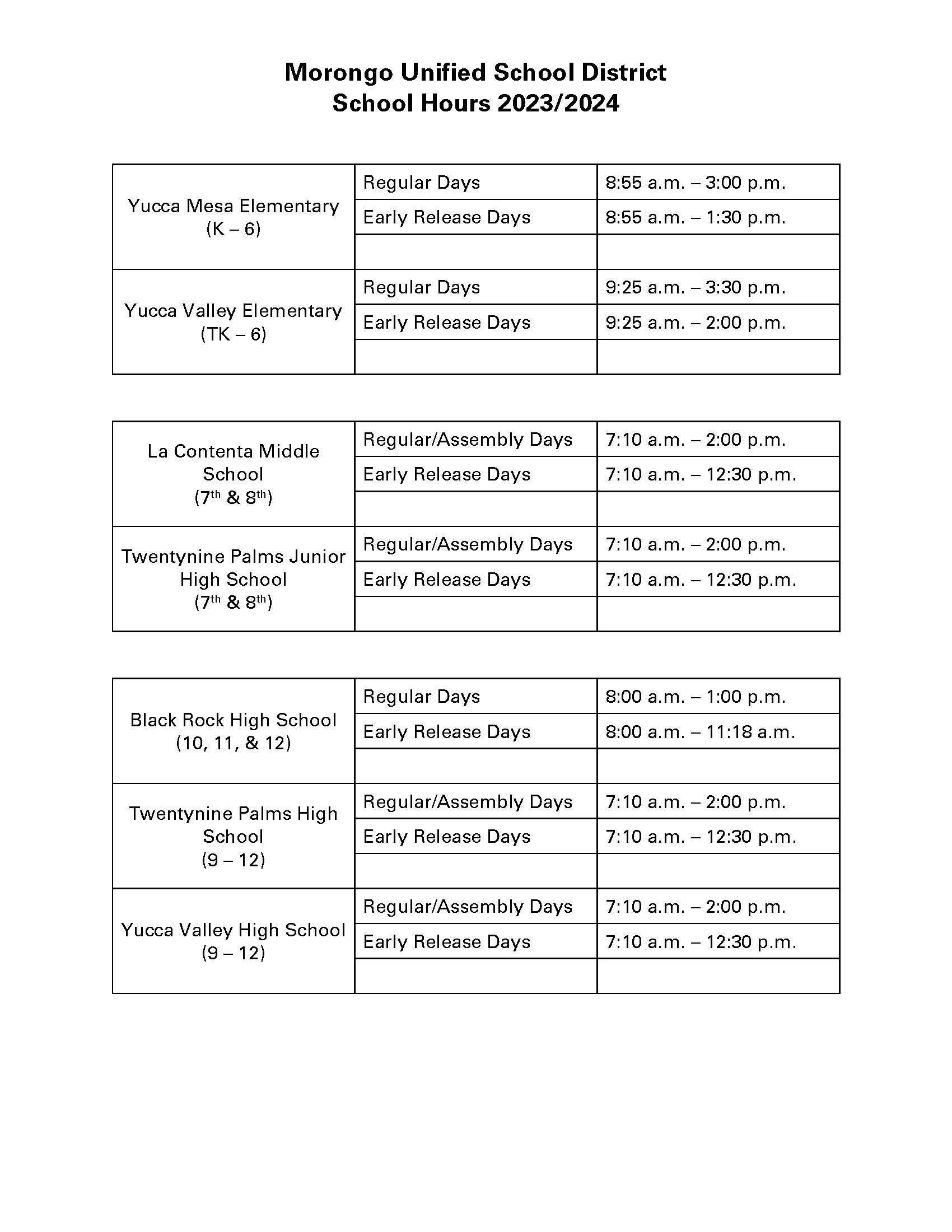 Hours for YMES, YVES, LCMS, TPJHS, BRHS, TPHS, and YVHS