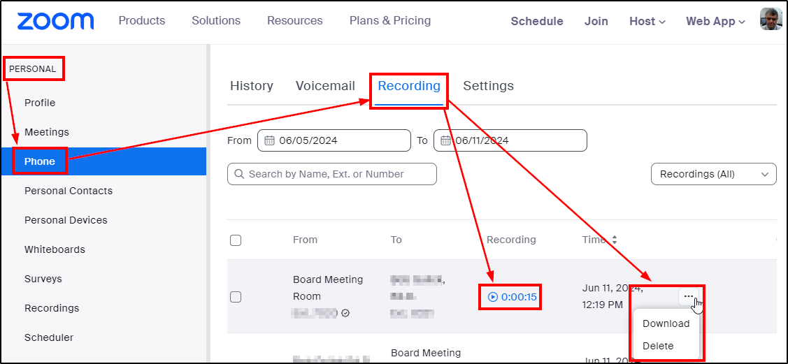 Zoom Web - Access Phone Recordings