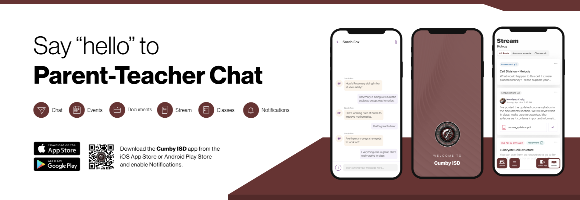 Say hello to Parent-Teacher chat in the new Rooms app. Download the (school name) app in the Google Play or Apple App store