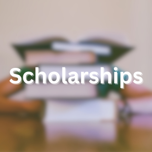 books and student with text "scholarships"