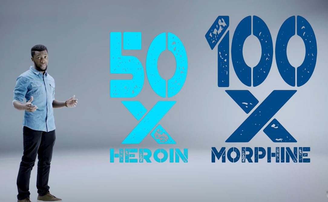 poster with a person standing and info saying Heroin 50x Morphin 100x