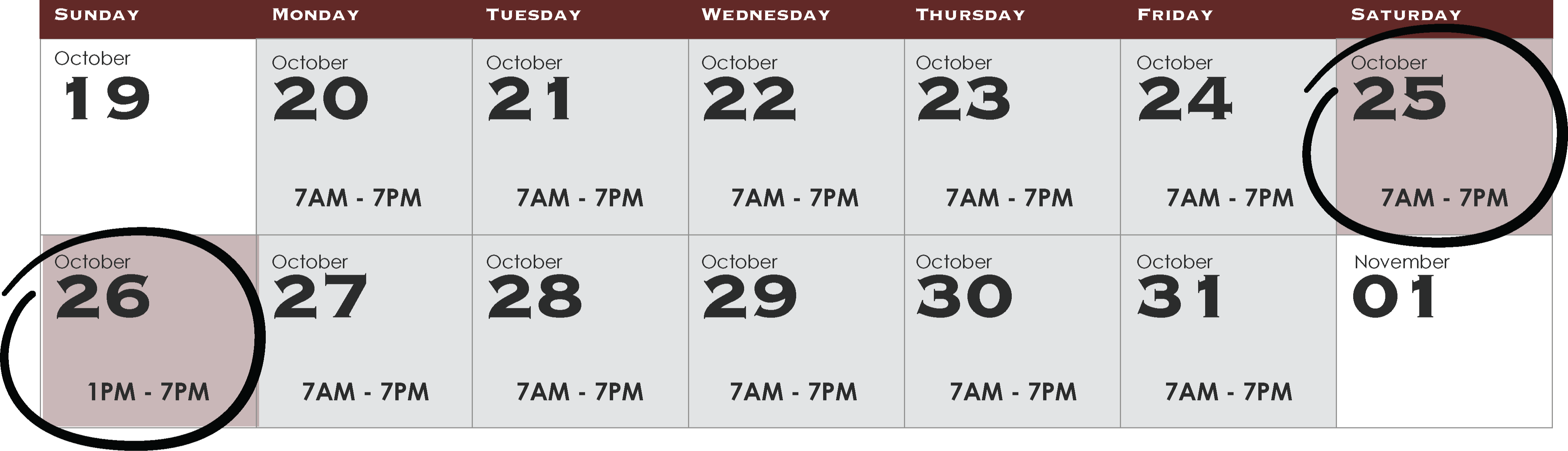Early Voting dates and times between October 20 and 31
