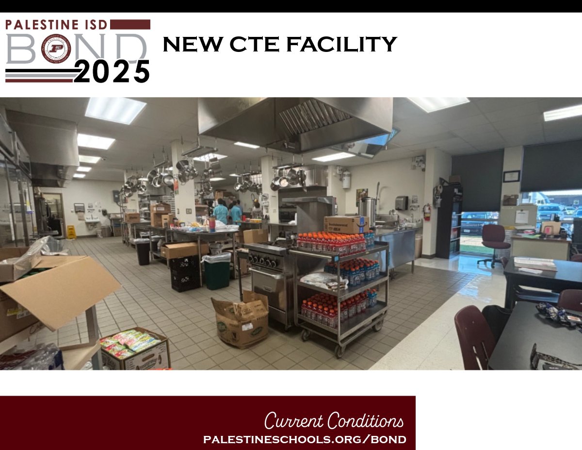 Palestine ISD Bond 2025 includes New CTE Facility and photos of current conditions of kitchenE classroom