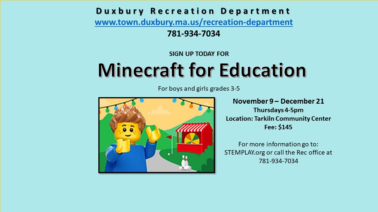 Minecraft for Education for boys & girls grades 3 -5. November 9-December 21 on thursdsays from 4pm - 5pm. Fee is $145