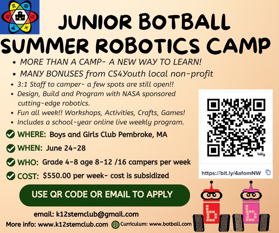 In-Person Robotics Summer Camp.  Boys & Girls Club of Pembroke