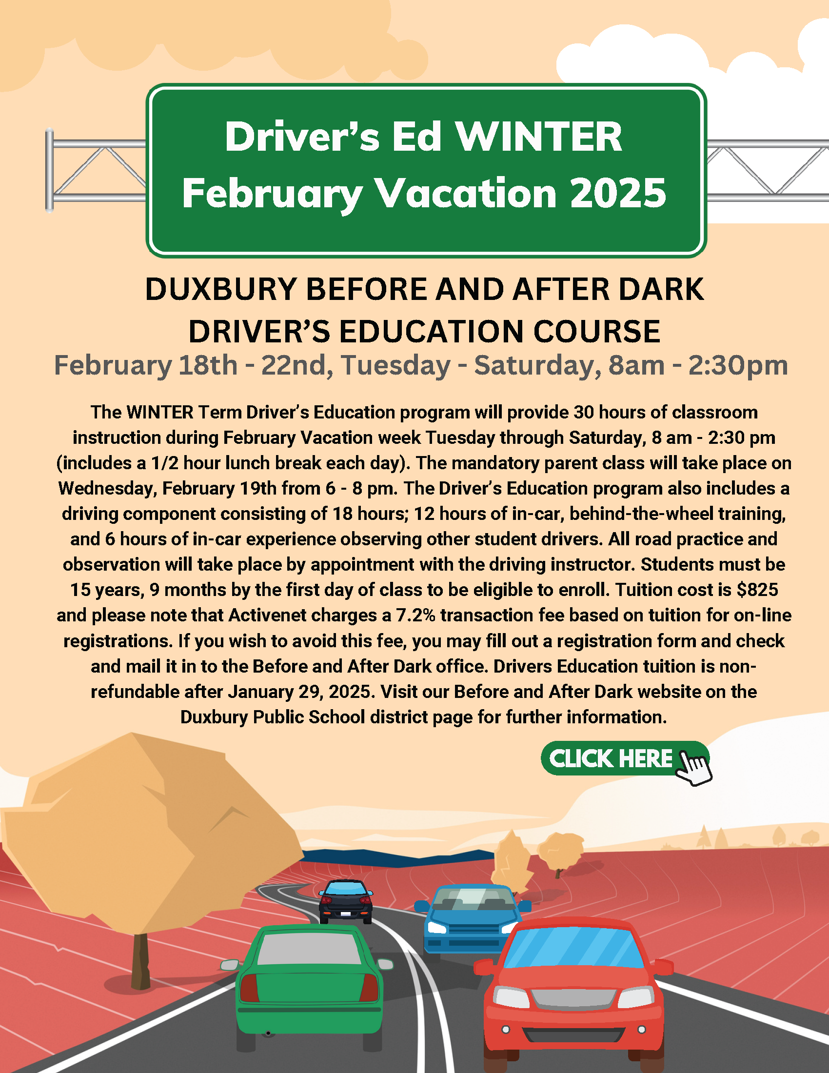 Drivers Education Feb 18 - 22, 2025 at Duxbury High School