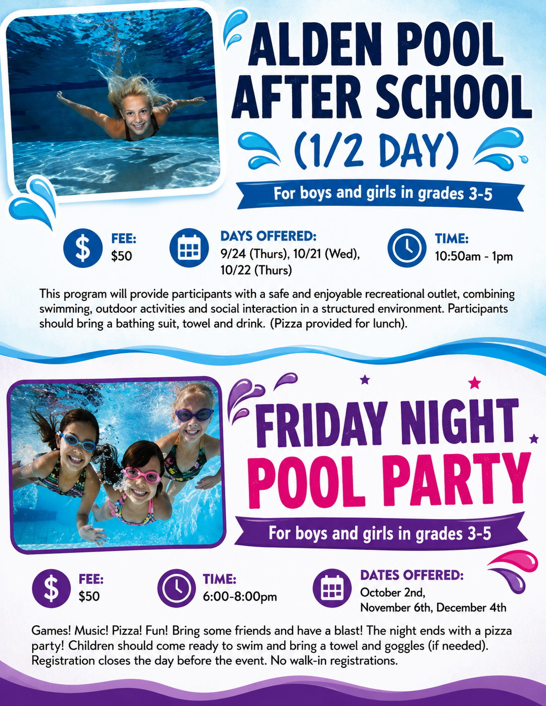 half days at percy walker pool, 10/21, 10/22 1-:50-1:pp0m