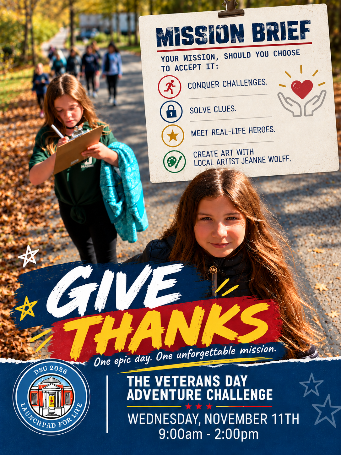 Your mission: solve clues, conquer challenges, meet real-life heroes and give thanks. We’ll complete challenges, create art with local artist Jeanne Wolff and communicate with veterans at the Duxbury Legion annual Veterans Day service.  Camp is open to all Duxbury youth, Chandler (1st grade+) through middle school.