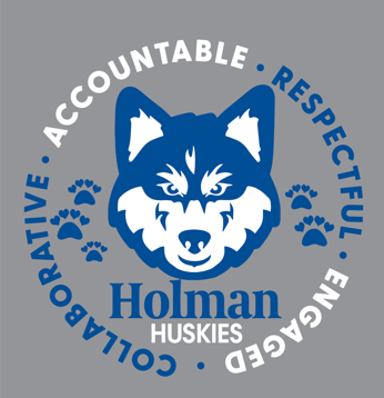 A picture of a Huskie with Holman written underneath, and collaborative, accountable, respectful and engaged written around it in a circle