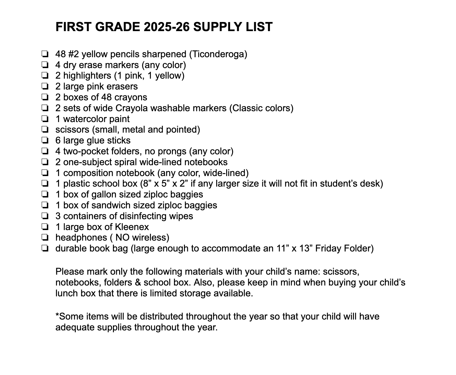 First Grade Supply Lists