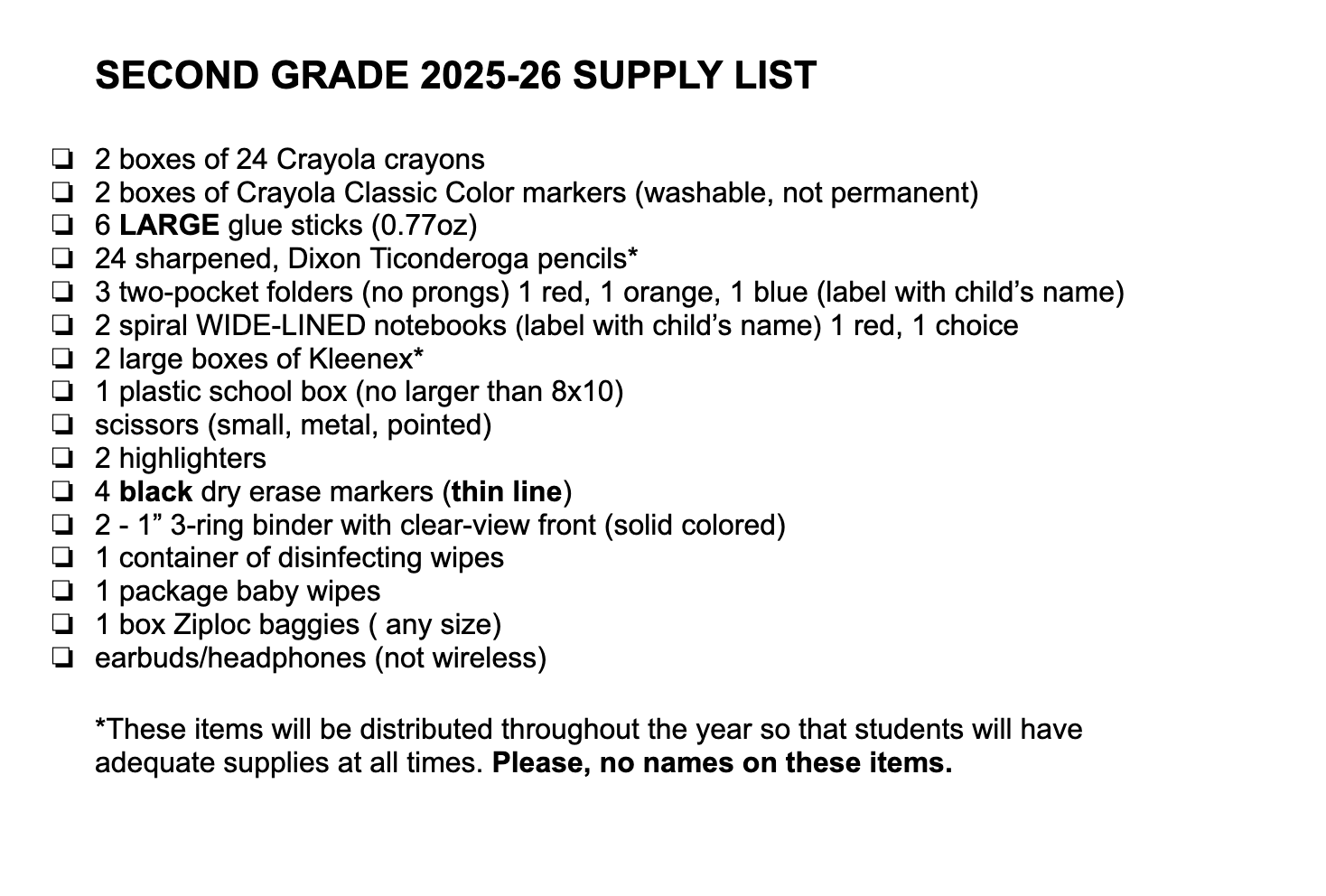 Second Grade Supply Lists