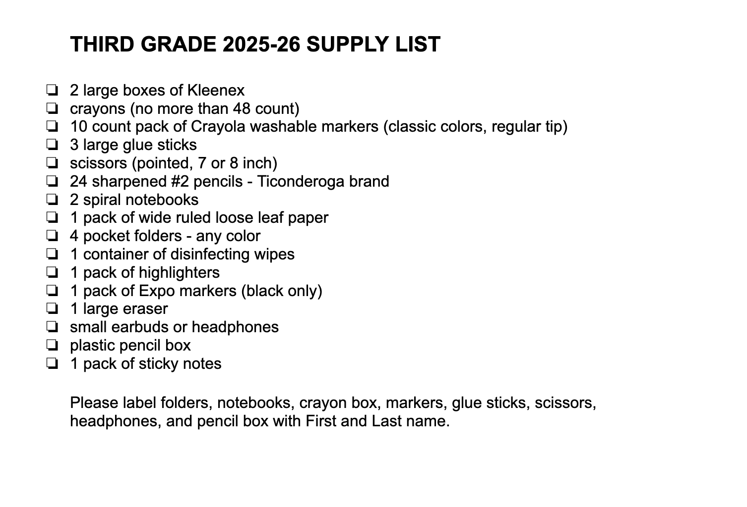 Third Grade Supply Lists
