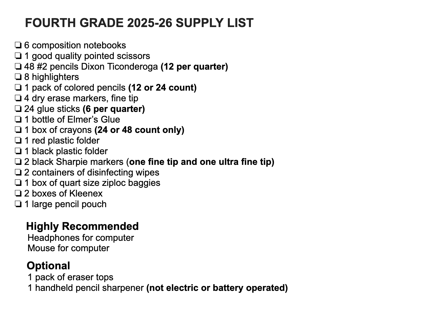 Fourth Grade Supply Lists