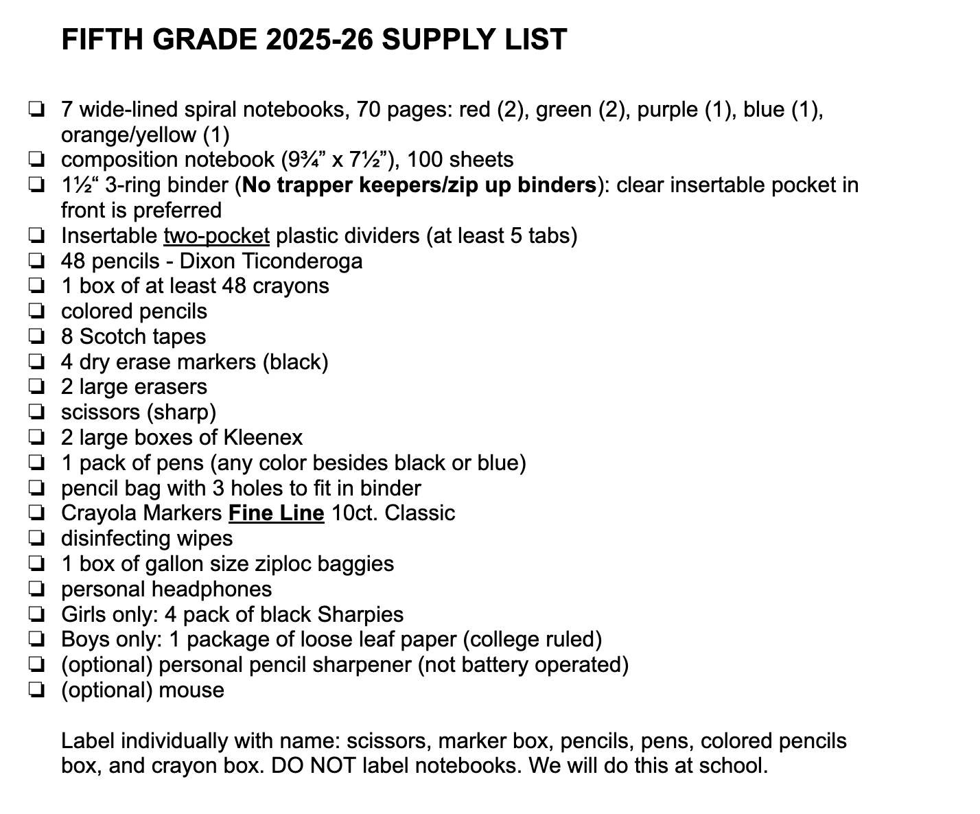 Fifth Grade Supply Lists