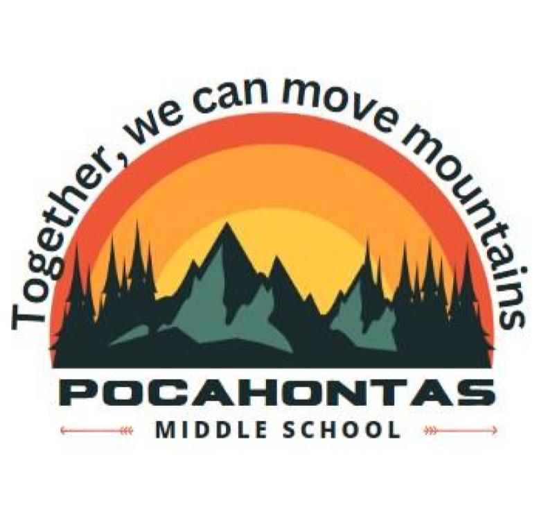 Mountains in front of an orange sky, with the 2023-24 theme for Pocahontas Middle School: Together we can move mountains