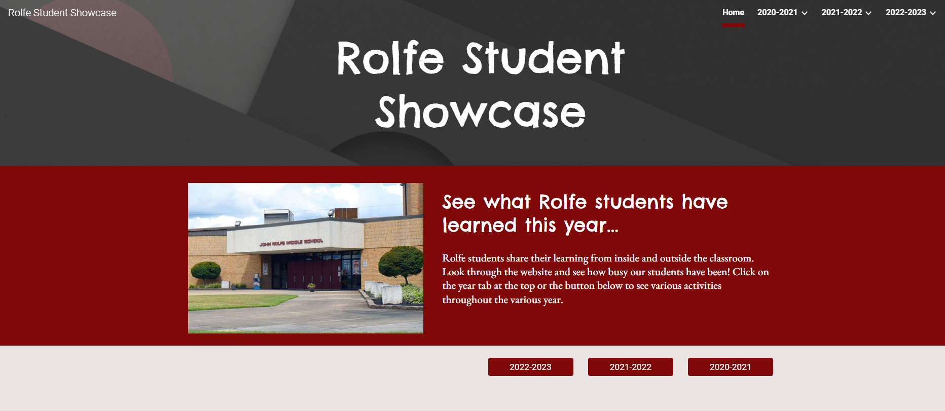 Image of the website main page of the student showcase site. Image of the school and buttons to click.