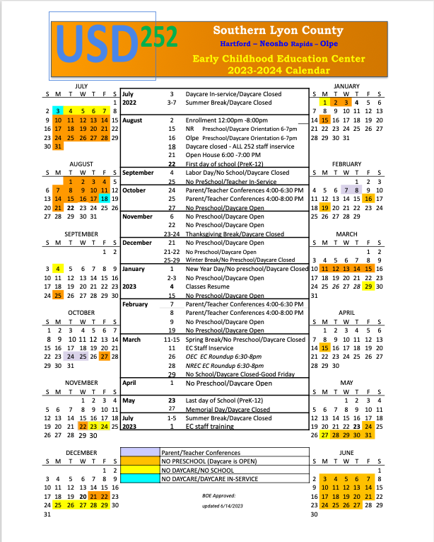 Early Childhood Calender Southern Lyon County