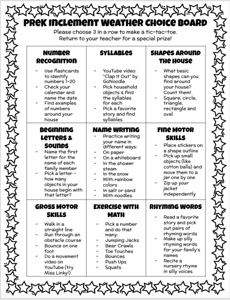Pre-K Choice Board