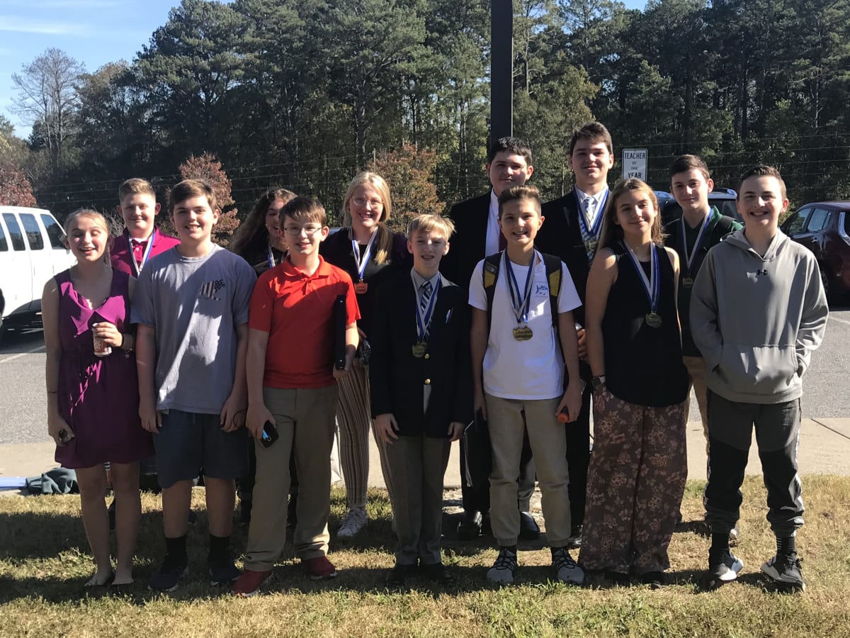 CMS debaters at the November tournament at Vickery Creek Middle School where our novice team of Will Thompson and Houston Wilson won the division.