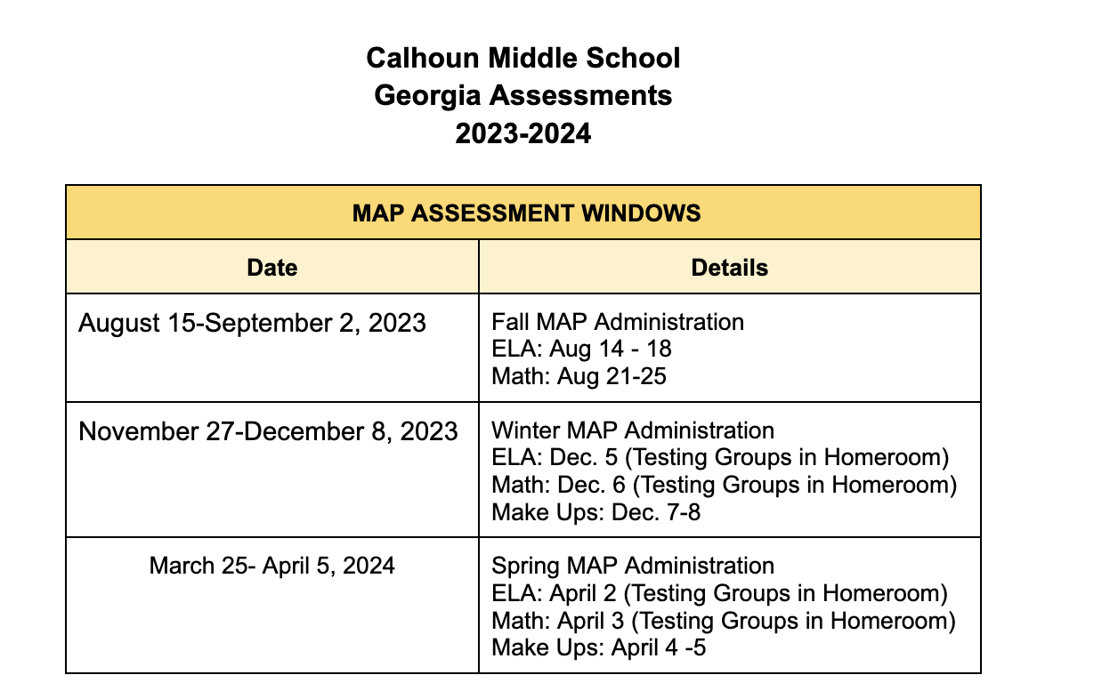 Assessment Schedule Calhoun Middle School