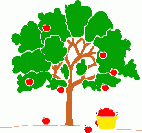 drawing of apple tree with basket of apples in front of it