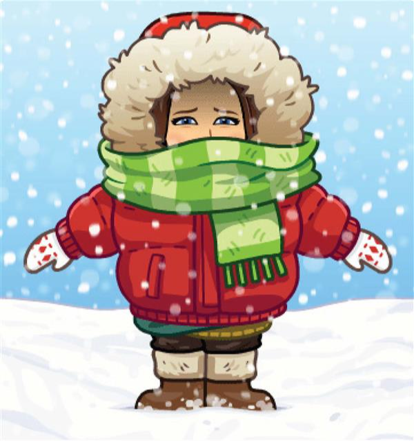 cartoon child bundled in a red sweater and green scarf as snow falls 