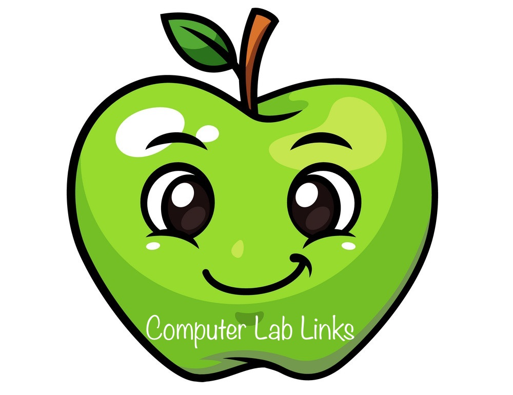 illustrated green apple with eyes and a smile with computer lab links written on it