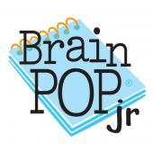 brain pop junior text on a drawing of a ringed notepad logo