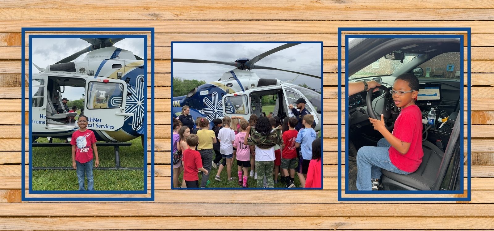 Career Day 2024- Students gather around helicopter to hear about a career in the medic field. 