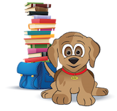 animated dog with books behind him