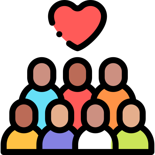 a group of animated brown community members with an animated heart above them