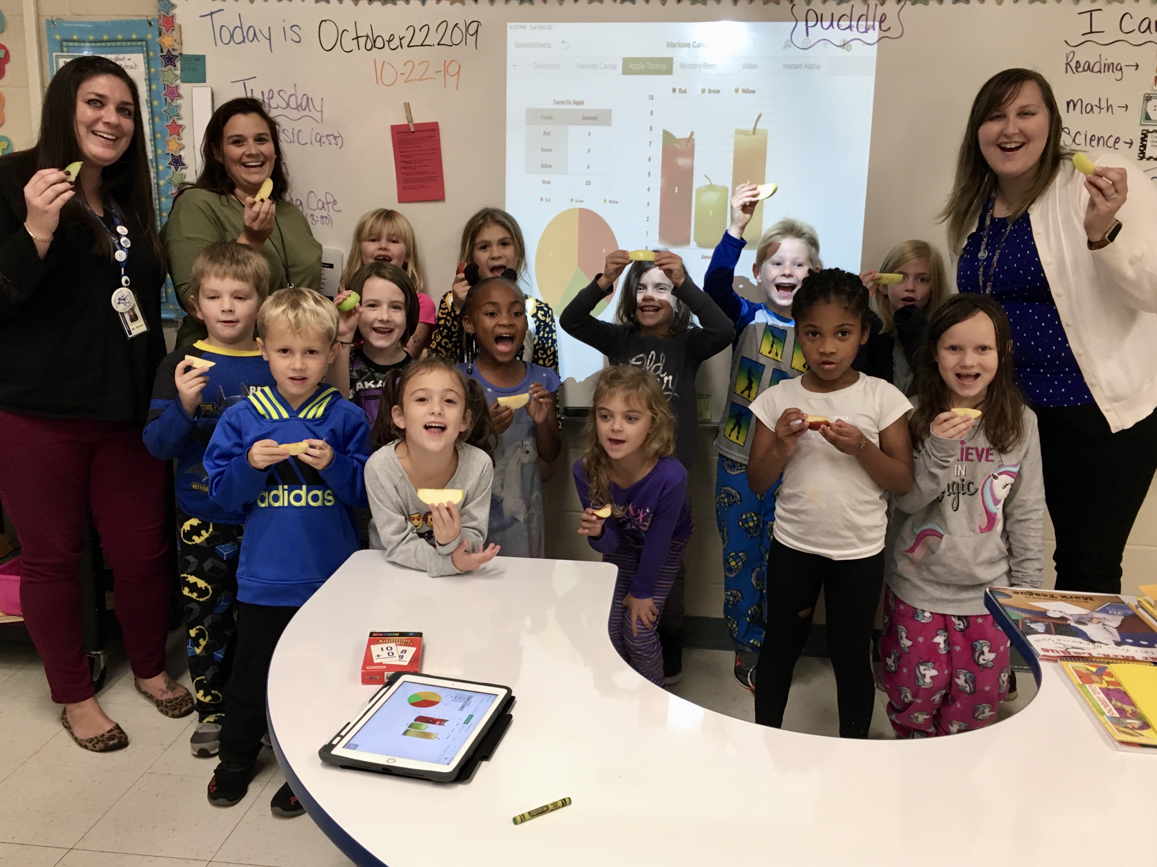 Teachers pose with a group of students smiling. They are all holding an apple slide. You can see an apple graph in the background.