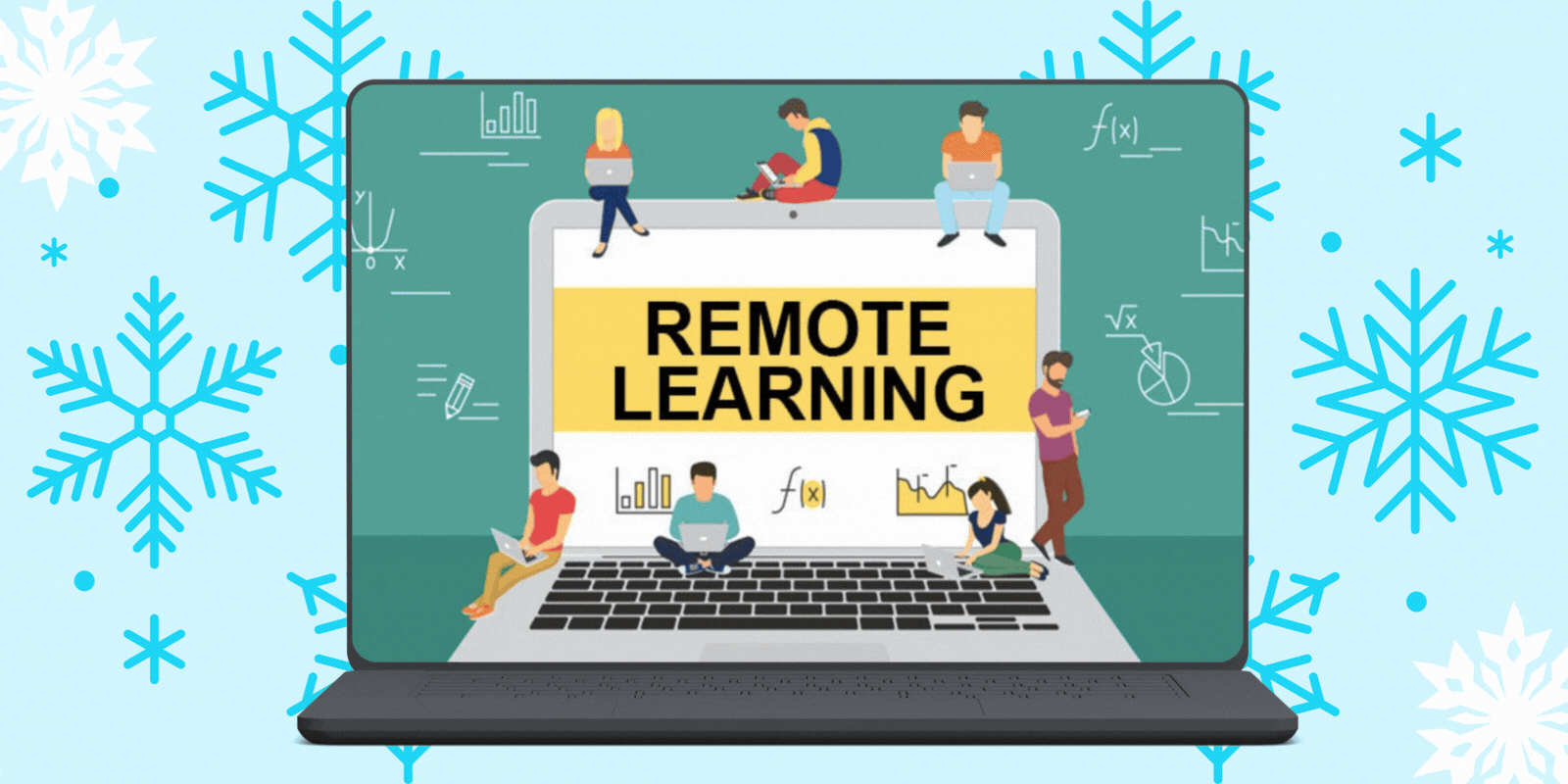 a laptop computer that says "remote learning" surrounded by snowflakes