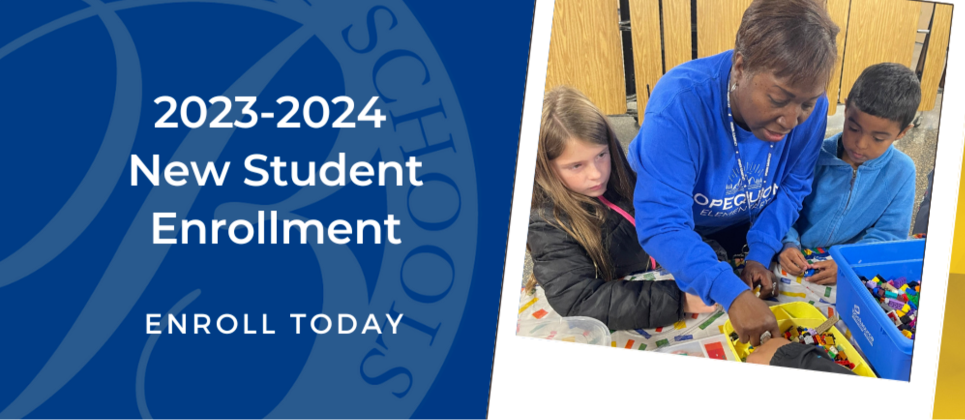 image of 2023-2024 new student enrollment template with image of teacher interacting with students