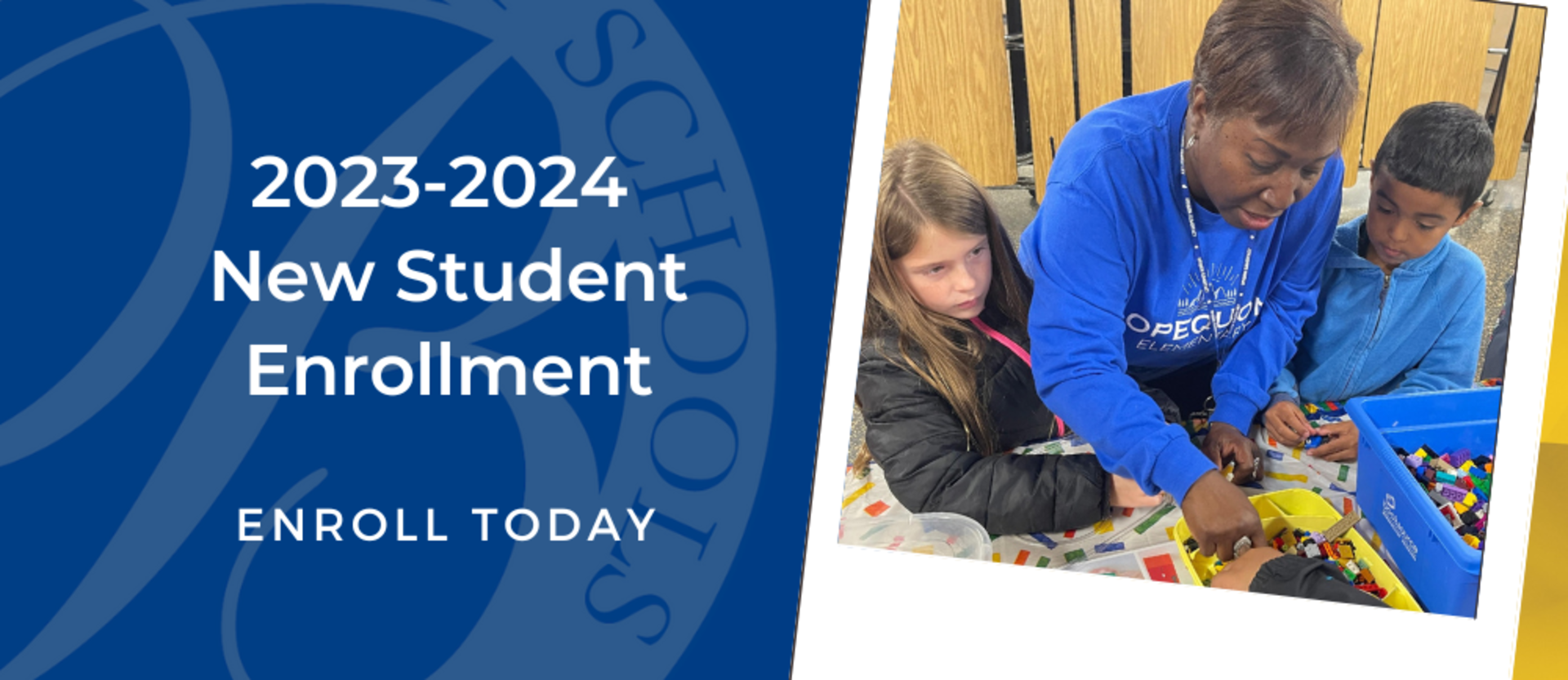 image of 2023-2024 new student enrollment with picture of teacher assisting students with an activity