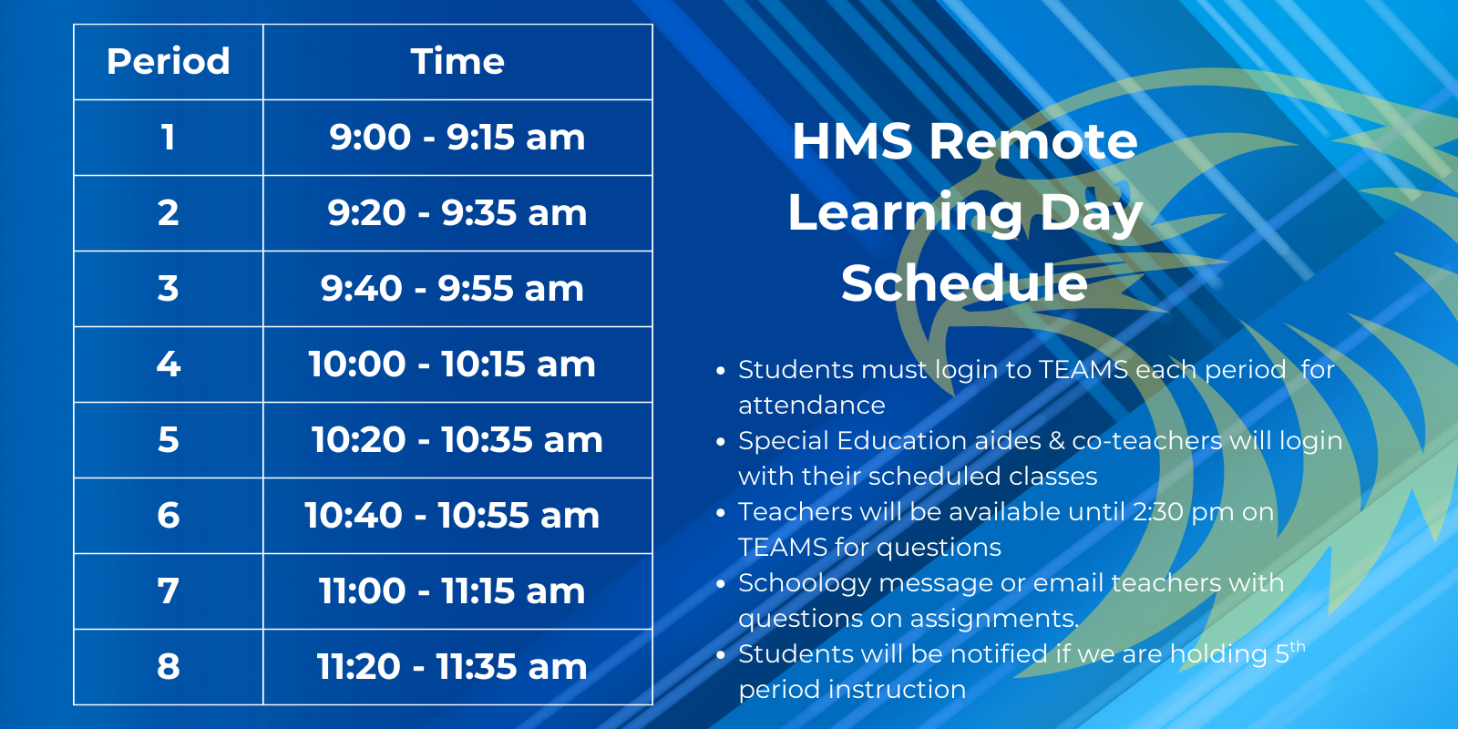 Remote Learning Schedule Period 1: 9 - 9:15 am  Period 2: 9:20 - 9:35 am  Period 3: 9:40 - 9:55 am  Period 4: 10 - 10:15 am  Period 5: 10:20 - 10:35 am  Period 6: 10:40 - 10:55 am  Period 7: 11 - 11:15 am  Period 8: 11:20 - 11:35 am    Students must login to TEAMS each period for attendance Special Education aides &amp; co-teachers will login with their scheduled classes Teachers will be available until 2:30 pm on TEAMS for questions Schoology message or email teachers with questions on assignments. Students will be notified if we are holding 5th period instruction