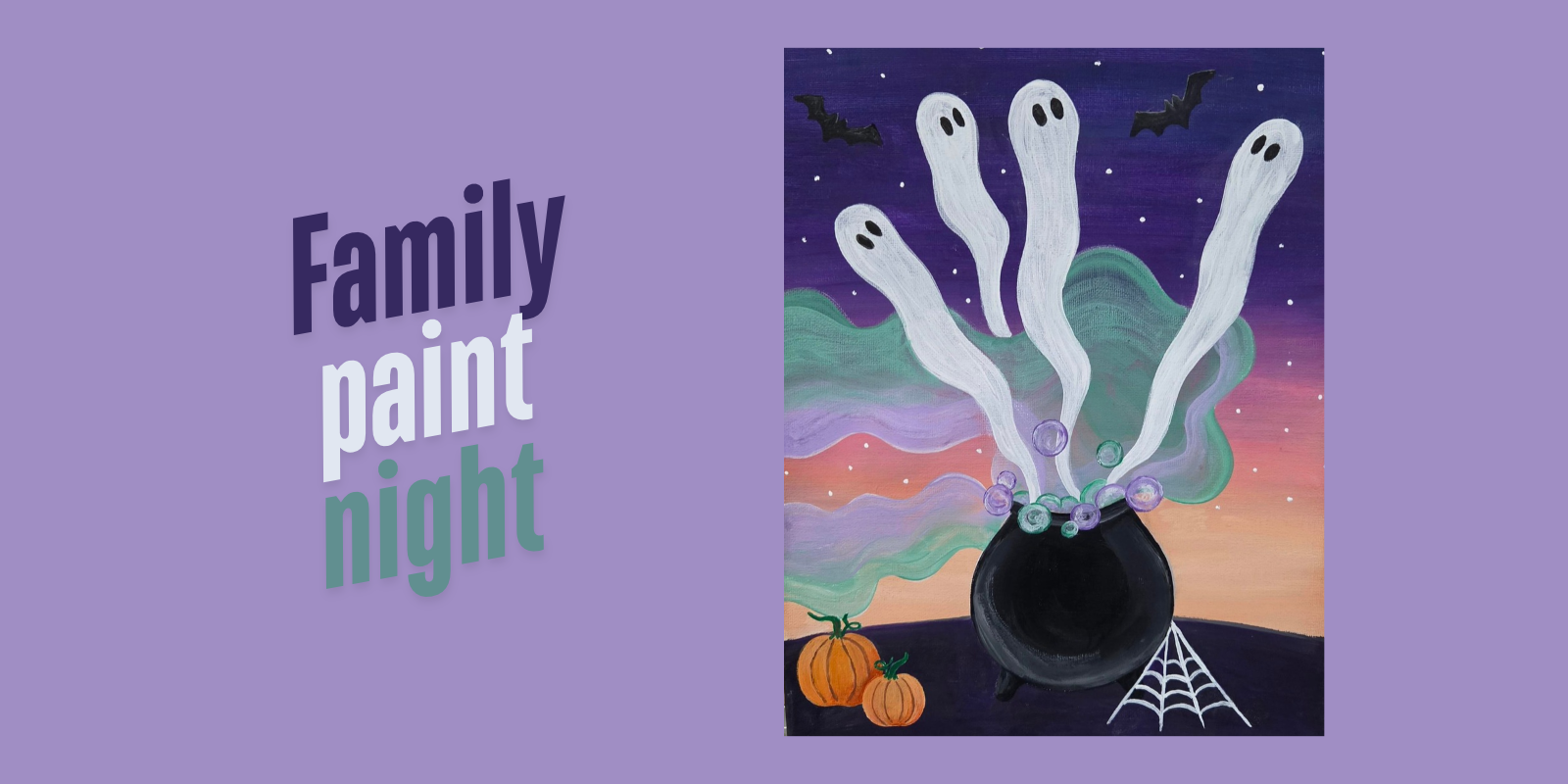Family Paint Night - ghosts coming out of a cauldron with pumpkins, bats, and spider webs