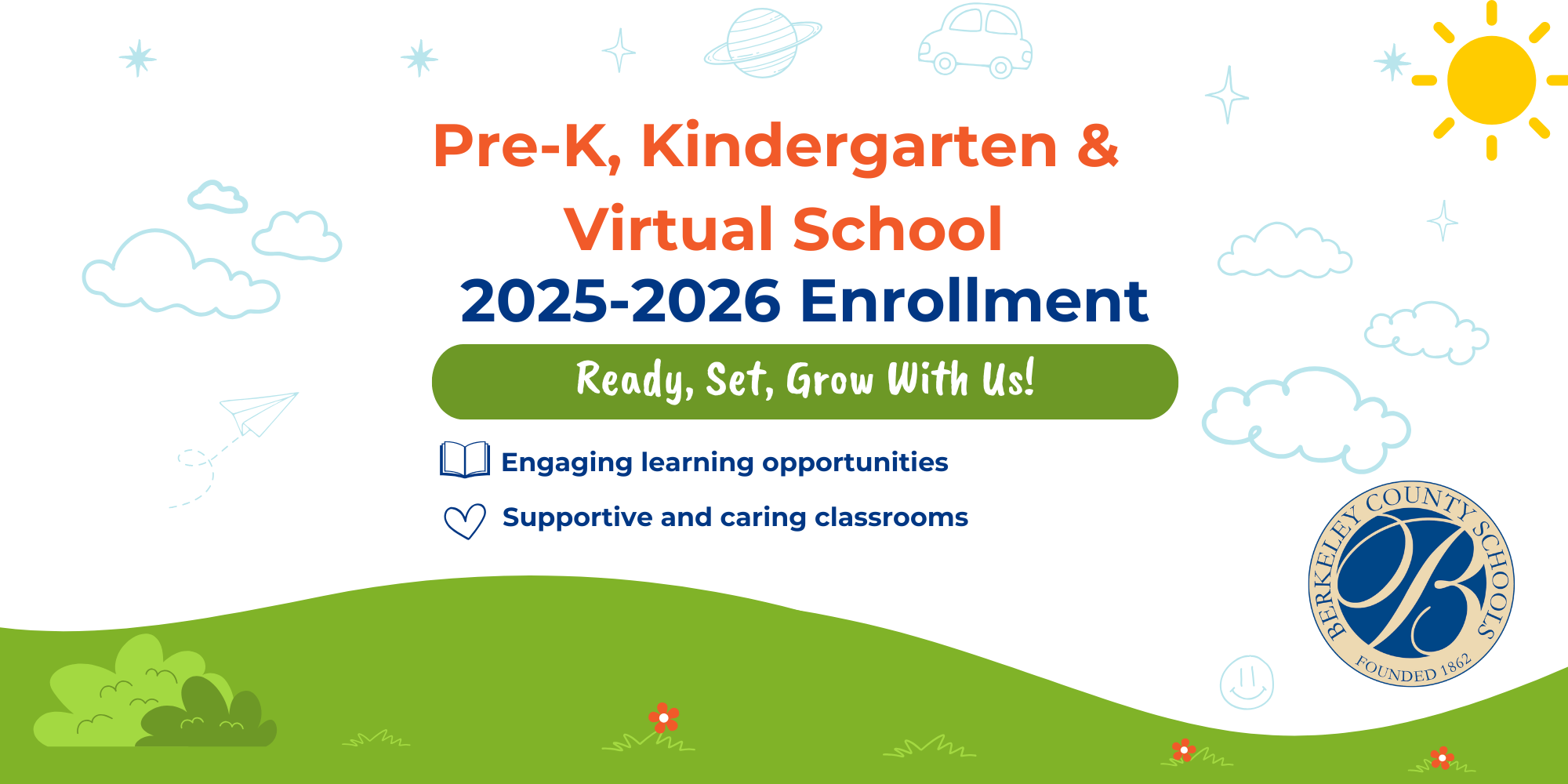 image of enrollment flyer for prek, kindergarten, and virtual school. full description in caption