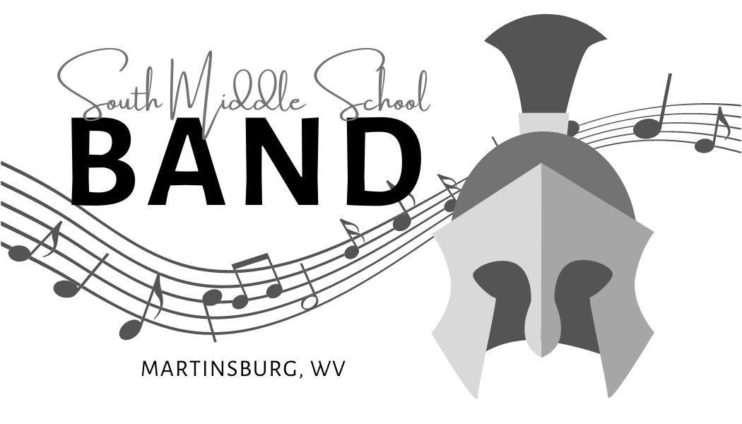 South Middle School Band Martinsburg, West Virginia with musical notes floating around and trojan helmet to the right of text  