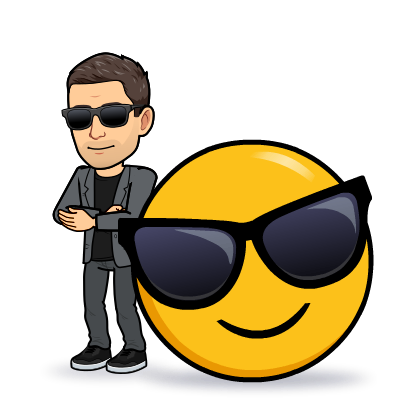 bitmoji cartoon character version of Mr. Brier wearing sunglasses standing next to yellow smiley face wearing sunglasses