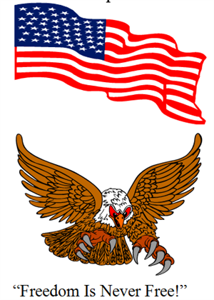 american flag above soaring eagle with talons outstretched with freedom is never free text below it