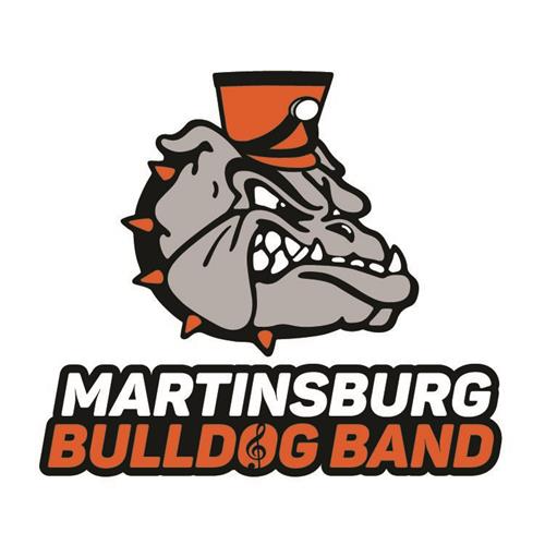 MARTINSBURG BULLDOG BAND WRITTEN BELOW A CARTOON PICTURE OF A BULLDOG WEARING A SPIKED COLLAR AND A MARCHING BAND HAT