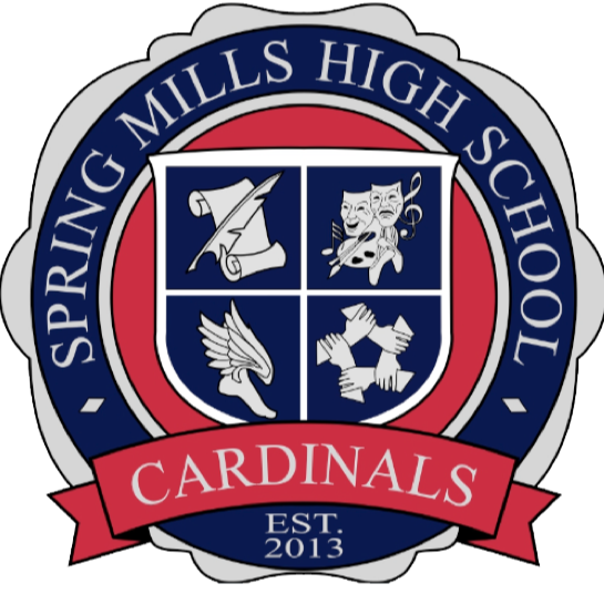 spring mills high school cardinals est. 2013 crest with assorted symbols on shield 