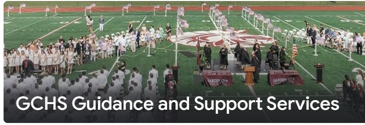 GCHS Guidance and Support Services Text with Students Graduation on the field photo behind