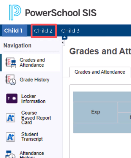 Selecting Child 2 from the PowerSchool Parent Portal home screen