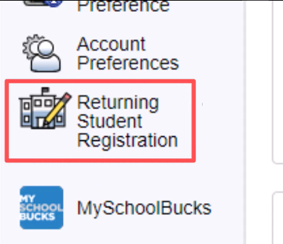 Returning Student Registration link on the home screen