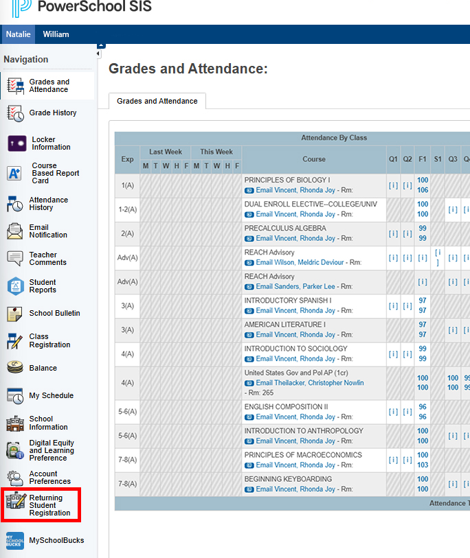 PowerSchool Parent Portal Home Screen